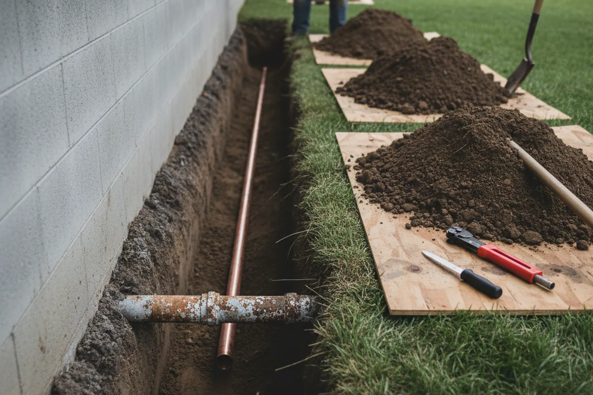 Excavated water line trench during Water Heater Repair in Bethpage